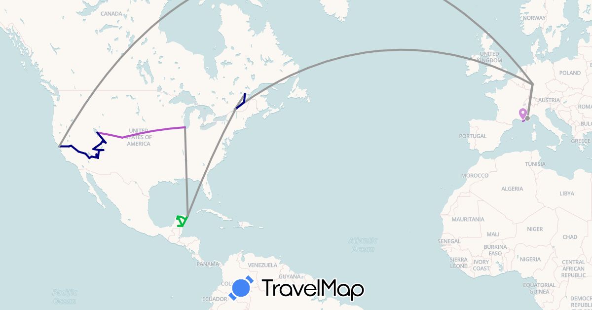 TravelMap itinerary: driving, bus, plane, train in Canada, Germany, France, Mexico, United States (Europe, North America)